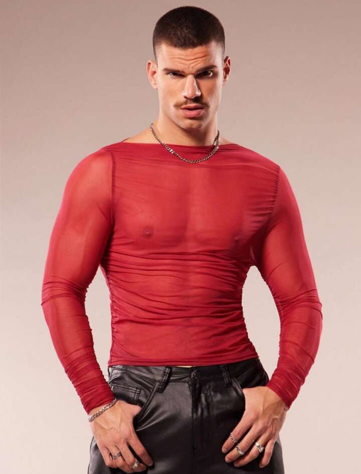 Men's Sheer Mesh V-Neck Slim Fit Cropped Tshirt